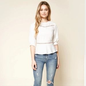 NWT Sugar + Lips Crochet Trim Puff sleeve white zip-up blouse top, size Large